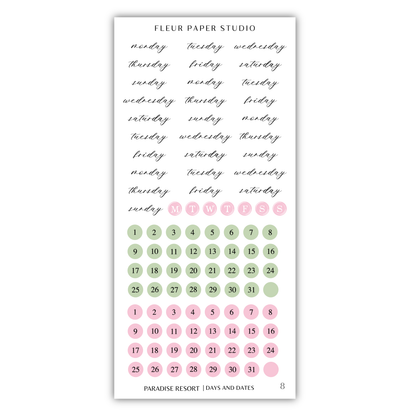 The image is a calendar and sticker set for the "Paradise Resort" with a focus on days and dates. The calendar displays the days of the week in a cursive font, while the stickers feature various colors and patterns. The image is not a single scene but a collection of images that together create a cohesive design.
