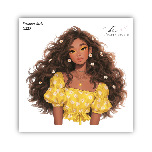 A stylized illustration of a young woman with long, curly brown hair and yellow flowers in her hair. She is wearing a yellow dress with a floral pattern.