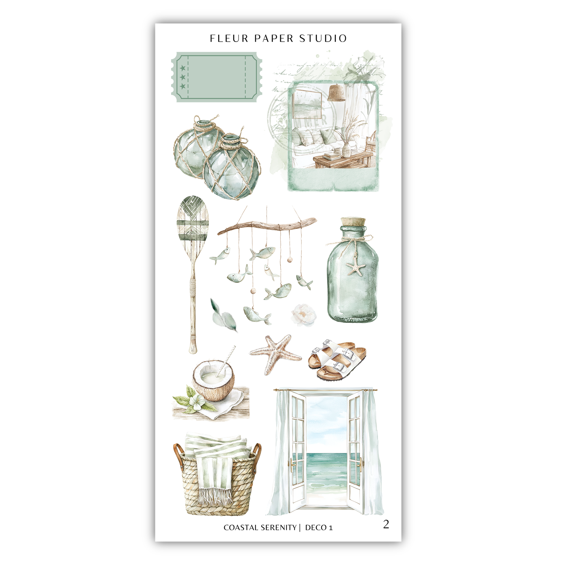 various objects and scenes related to coastal serenity, such as a bottle, a basket, a seashell, a starfish, and a window overlooking the ocean.
