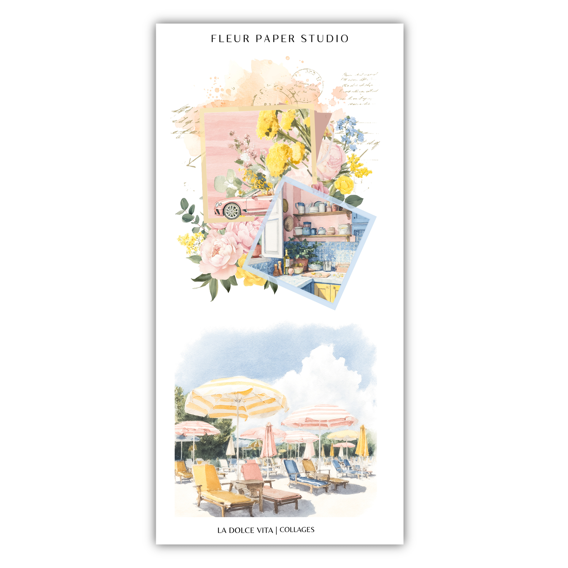 The image is a collage of two pictures. The top picture depicts a building with a pink and yellow facade, surrounded by flowers and greenery. The bottom picture shows an outdoor scene with colorful umbrellas, lounge chairs, and a pool.