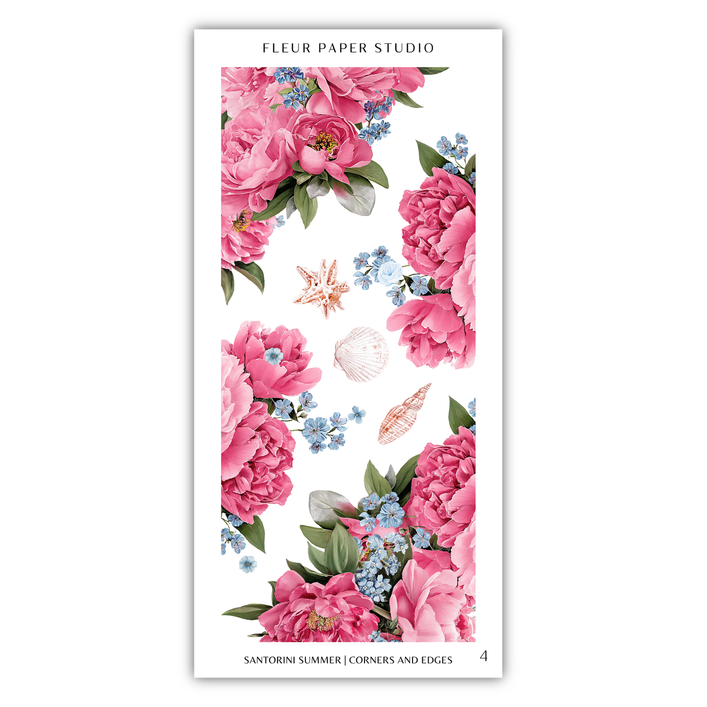 The image is a collage of various floral and seashell images, including pink peonies, blue flowers, and a starfish.