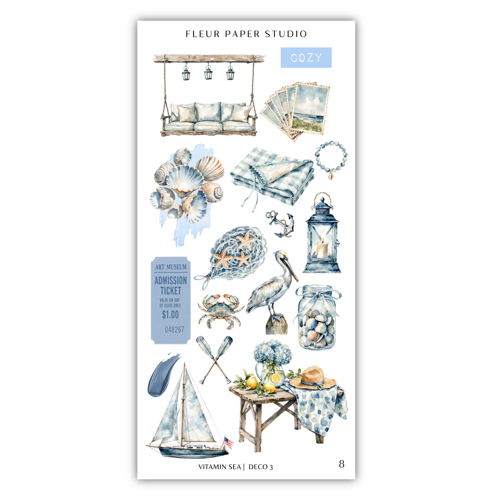 various nautical and coastal-themed items, including a swing, seashells, a lamp, a boat, and a table with a vase of flowers.