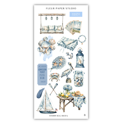 various nautical and coastal-themed items, including a swing, seashells, a lamp, a boat, and a table with a vase of flowers.