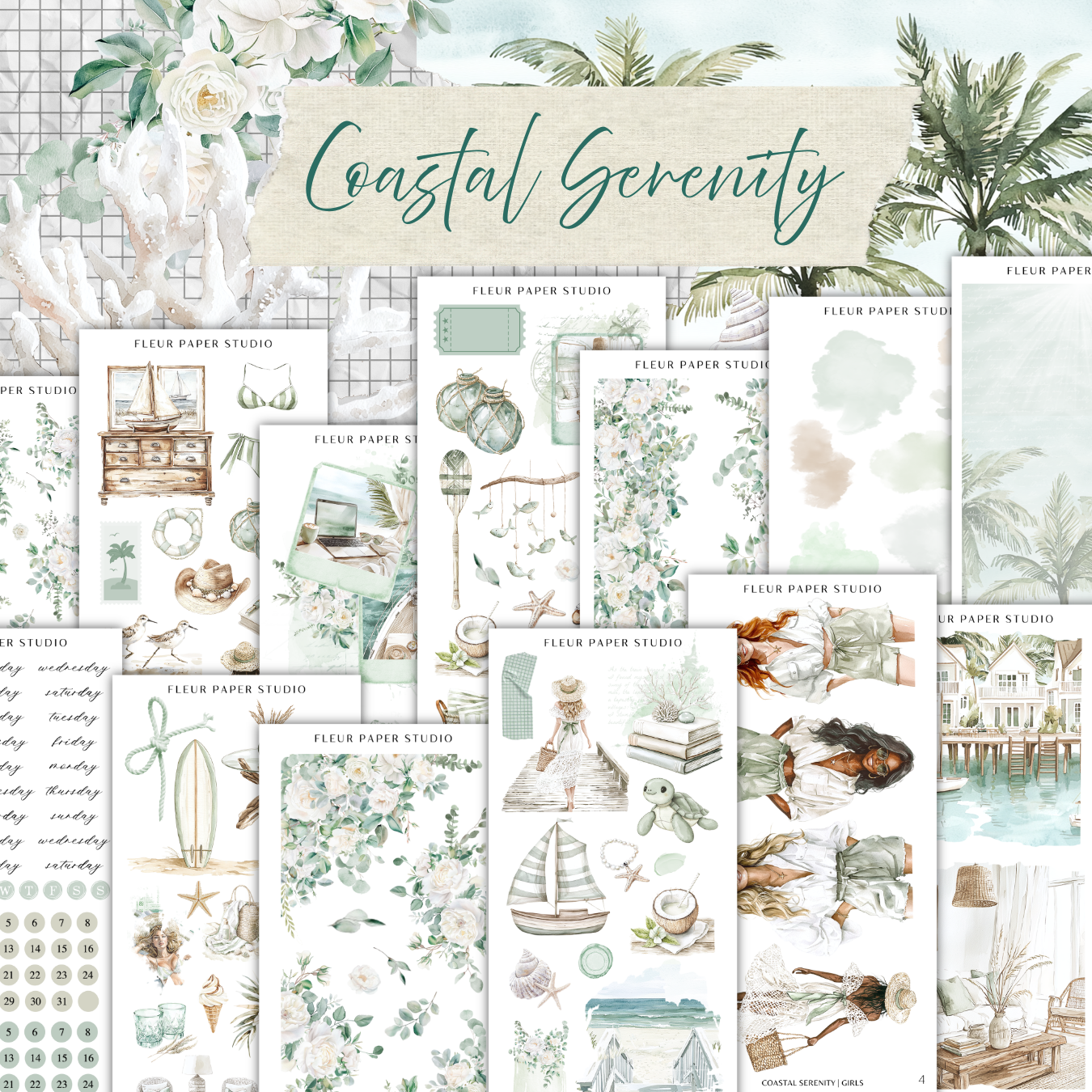 The image is a collage of various illustrations and designs related to the concept of "Coastal Serenity". The collage includes images of nature, such as palm trees, flowers, and other natural elements, as well as objects like a surfboard, a bird, and a vase. The overall theme of the collage appears to be focused on creating a serene and calming atmosphere, with a harmonious blend of natural and man-made elements.