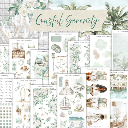 The image is a collage of various illustrations and designs related to the concept of "Coastal Serenity". The collage includes images of nature, such as palm trees, flowers, and other natural elements, as well as objects like a surfboard, a bird, and a vase. The overall theme of the collage appears to be focused on creating a serene and calming atmosphere, with a harmonious blend of natural and man-made elements.