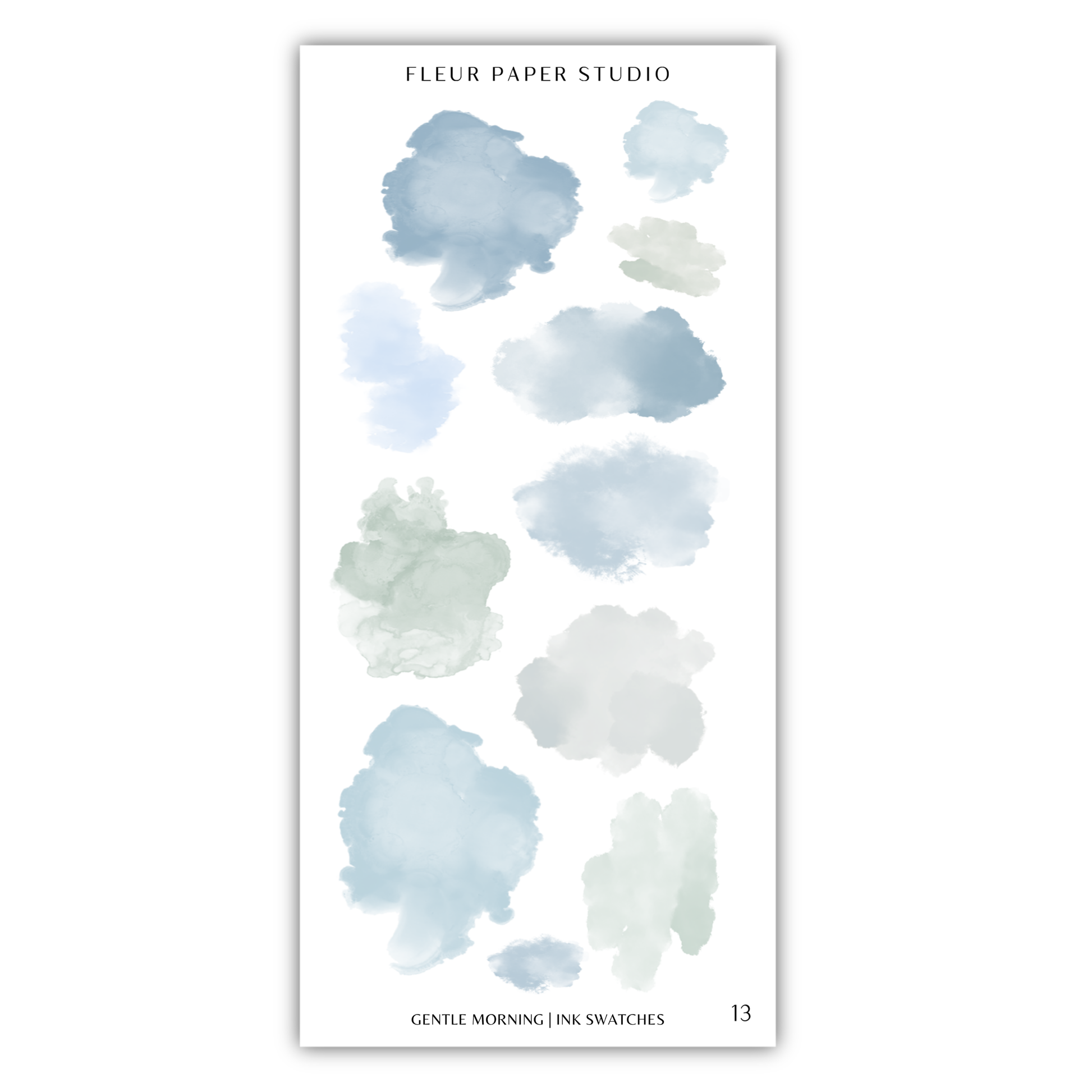 a collection of abstract watercolor brush strokes in various shades of blue and gray, arranged in a grid-like pattern.