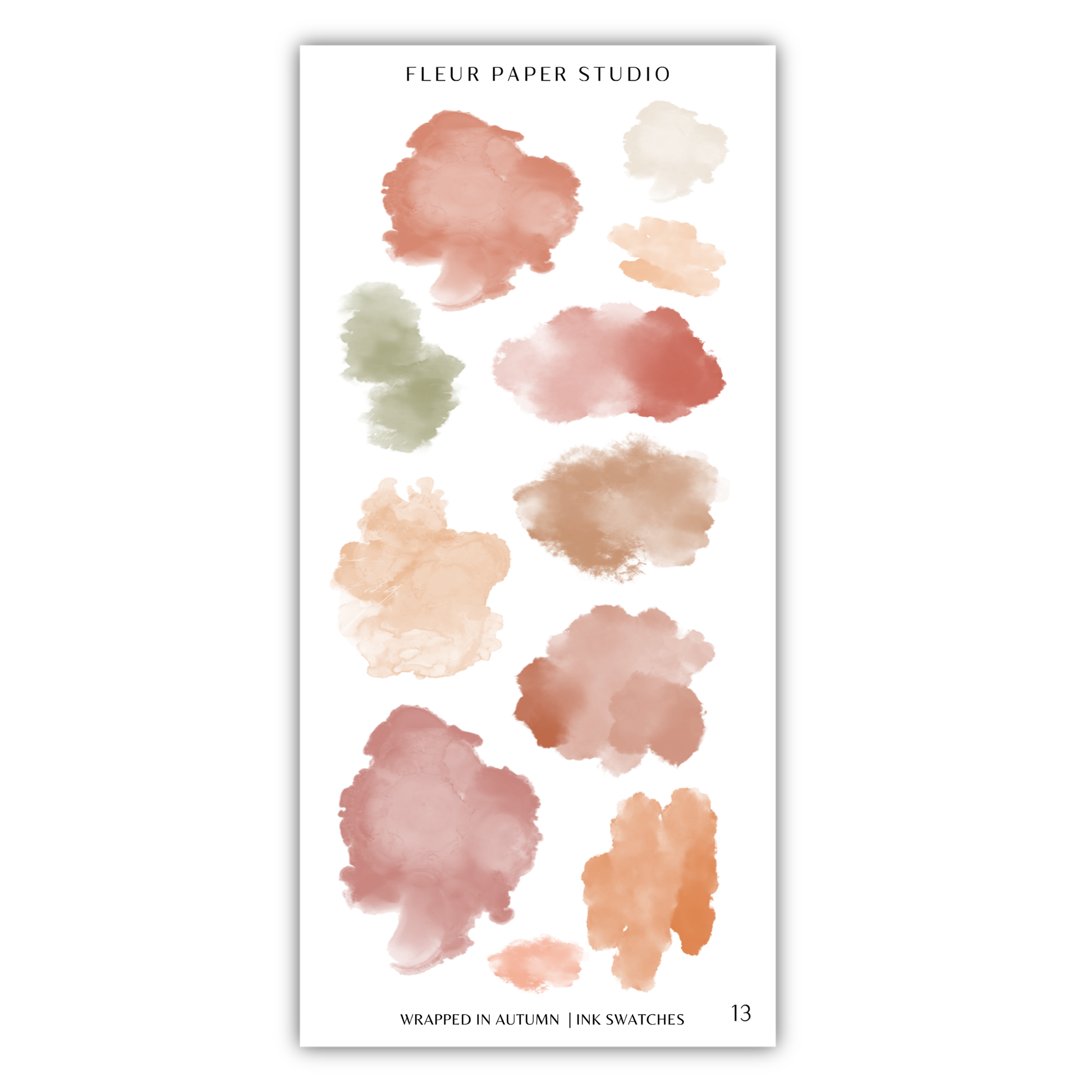a collection of abstract watercolor brush strokes in various shades of pink, orange, and green, arranged in a vertical format.
