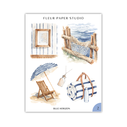 The image is a collage of various beach-related items, including a framed picture, a hammock, an umbrella, a beach chair, a towel, and a bottle.