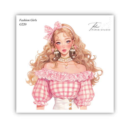 A stylized illustration of a young woman with long, curly blonde hair wearing a pink and white checkered off-the-shoulder top, a bow in her hair, and large earrings.