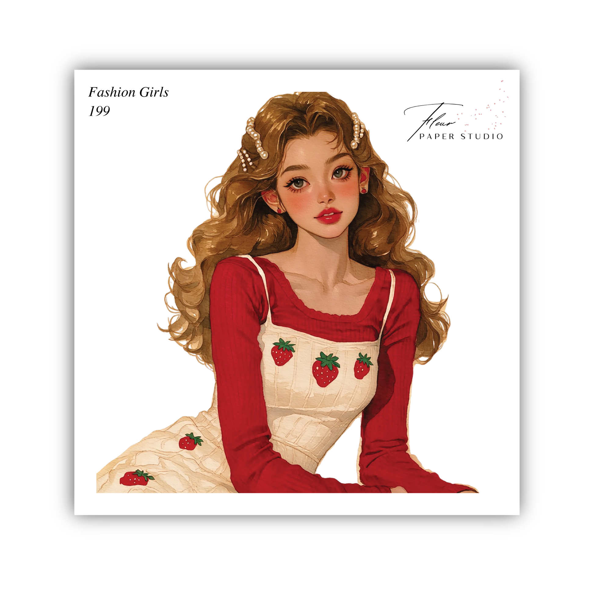 The image is a digital illustration of a young woman with long, wavy brown hair wearing a red dress with strawberry designs.