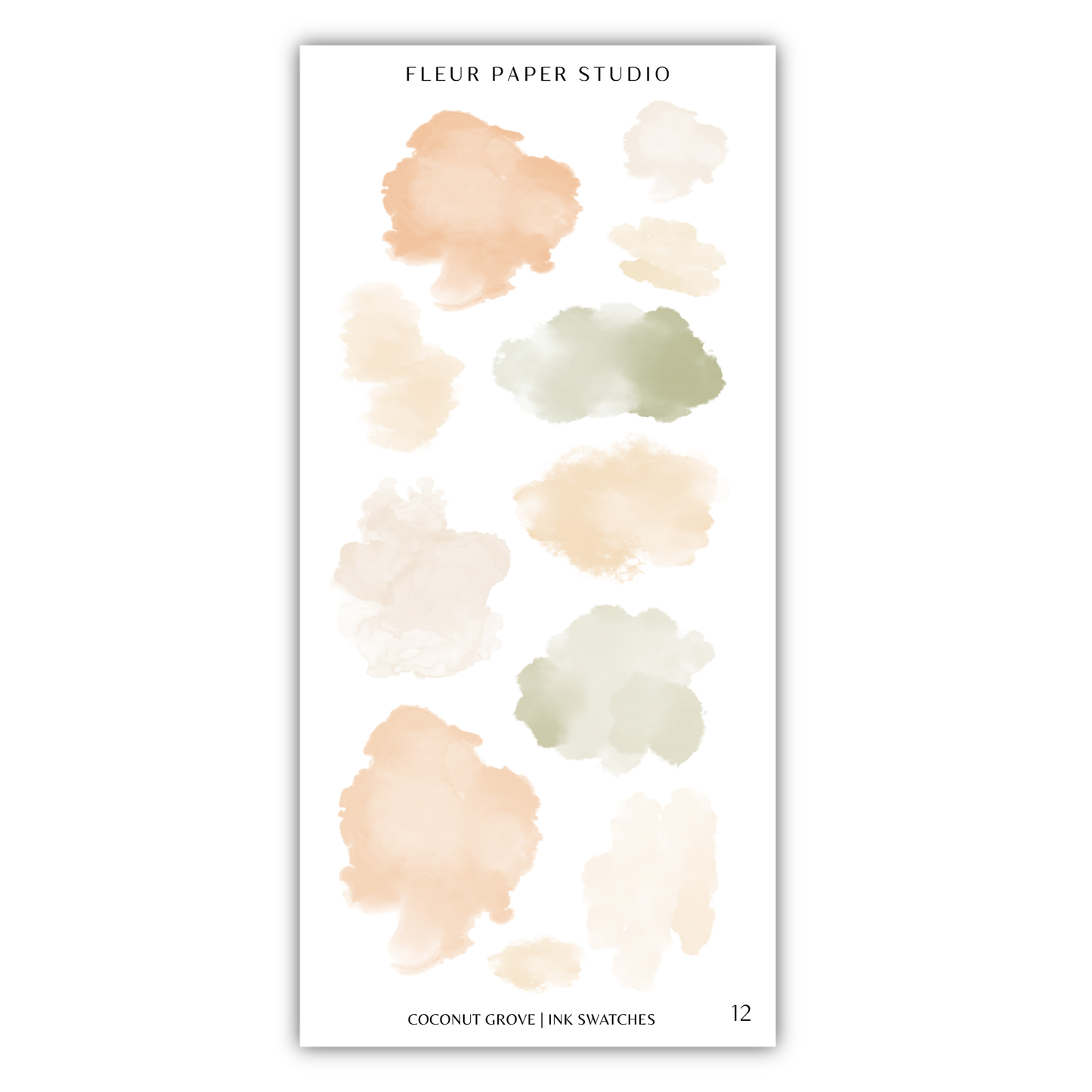 12 different watercolor brush strokes in various shades of peach, green, and beige, arranged in a vertical column.
