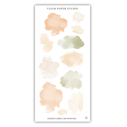 12 different watercolor brush strokes in various shades of peach, green, and beige, arranged in a vertical column.