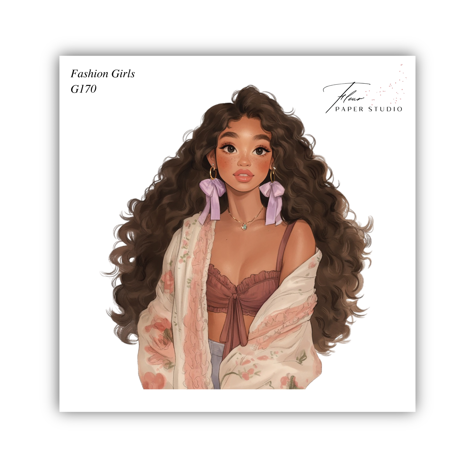 A stylized illustration of a young woman with long, curly brown hair wearing a pink bow, a floral print top, and a white shawl.