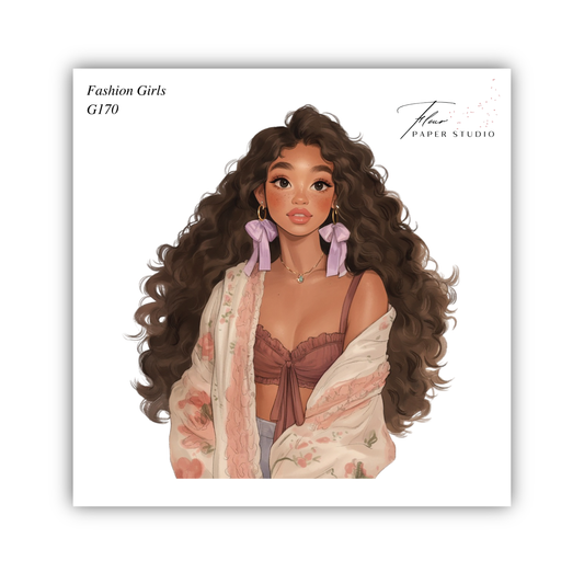 A stylized illustration of a young woman with long, curly brown hair wearing a pink bow, a floral print top, and a white shawl.