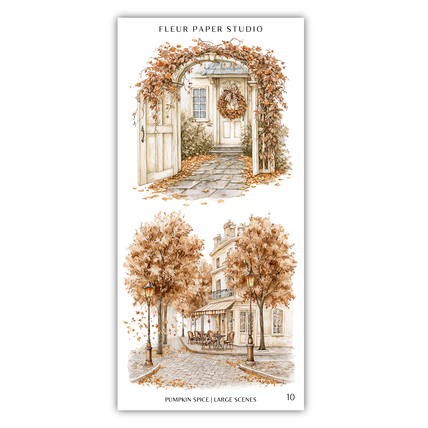 The image is a collage of two scenes depicting autumn-themed settings. The top scene shows a white house with a wreath on the door, and the bottom scene depicts a street lined with trees and buildings.