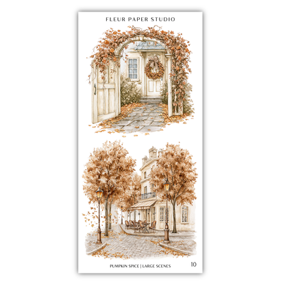 The image is a collage of two scenes depicting autumn-themed settings. The top scene shows a white house with a wreath on the door, and the bottom scene depicts a street lined with trees and buildings.