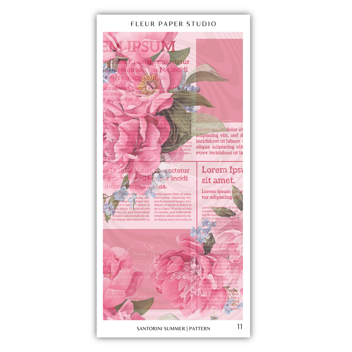 The image is a collage featuring a large floral design with pink flowers and green leaves. The collage is titled "SEMIPSUM" and includes various texts and phrases related to the floral design, such as "Lorem ipsum" and "Santorini summer pattern". The image is described as a "flour paper studio" and is part of a "pattern" series. The image is not a single image but a collection of images that together create a cohesive design.