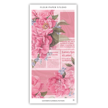 The image is a collage featuring a large floral design with pink flowers and green leaves. The collage is titled "SEMIPSUM" and includes various texts and phrases related to the floral design, such as "Lorem ipsum" and "Santorini summer pattern". The image is described as a "flour paper studio" and is part of a "pattern" series. The image is not a single image but a collection of images that together create a cohesive design.