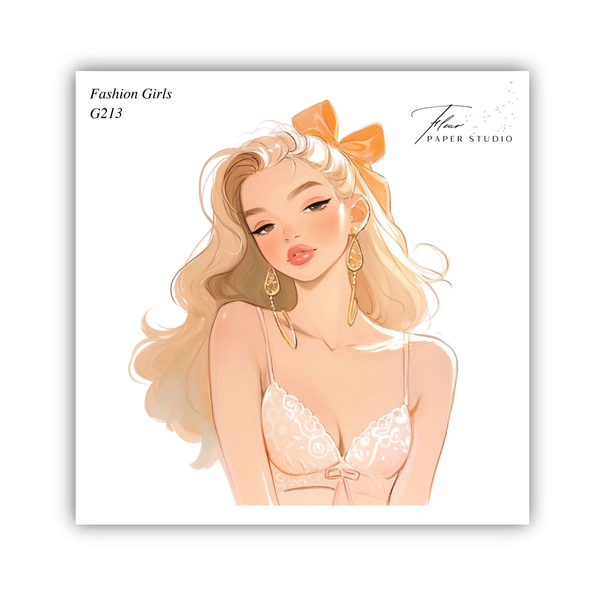 The image is a stylized illustration of a woman with long blonde hair and a bow in her hair, wearing a white lace bra.