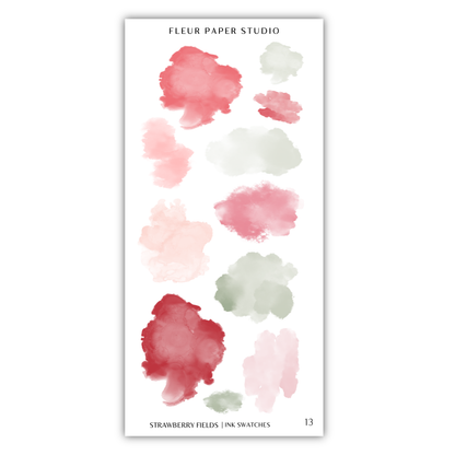 a collection of abstract watercolor brush strokes in various shades of pink, red, and green, arranged in a vertical format.