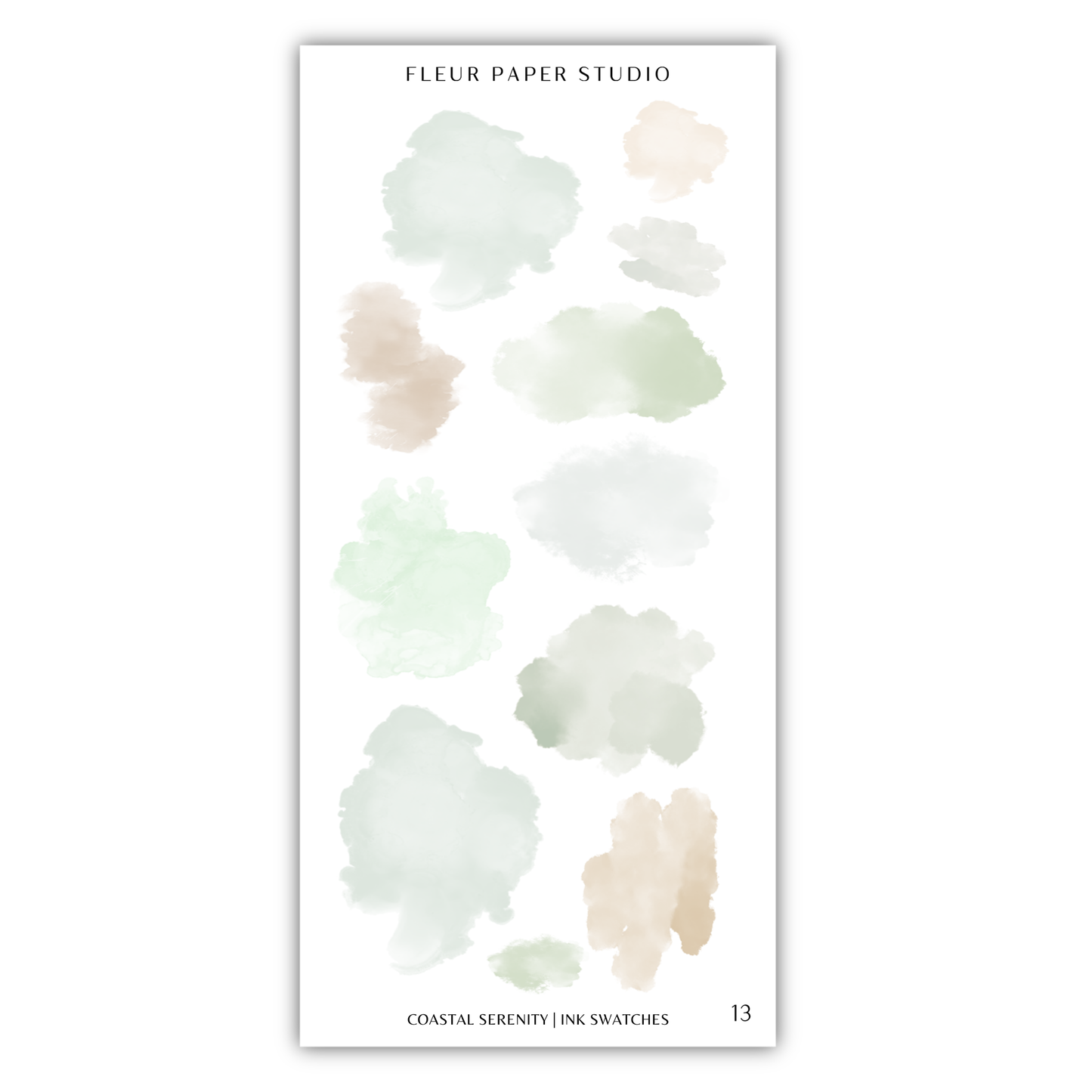 The image is a collection of abstract watercolor brush strokes in various shades of green, blue, and beige, arranged in a grid-like pattern.