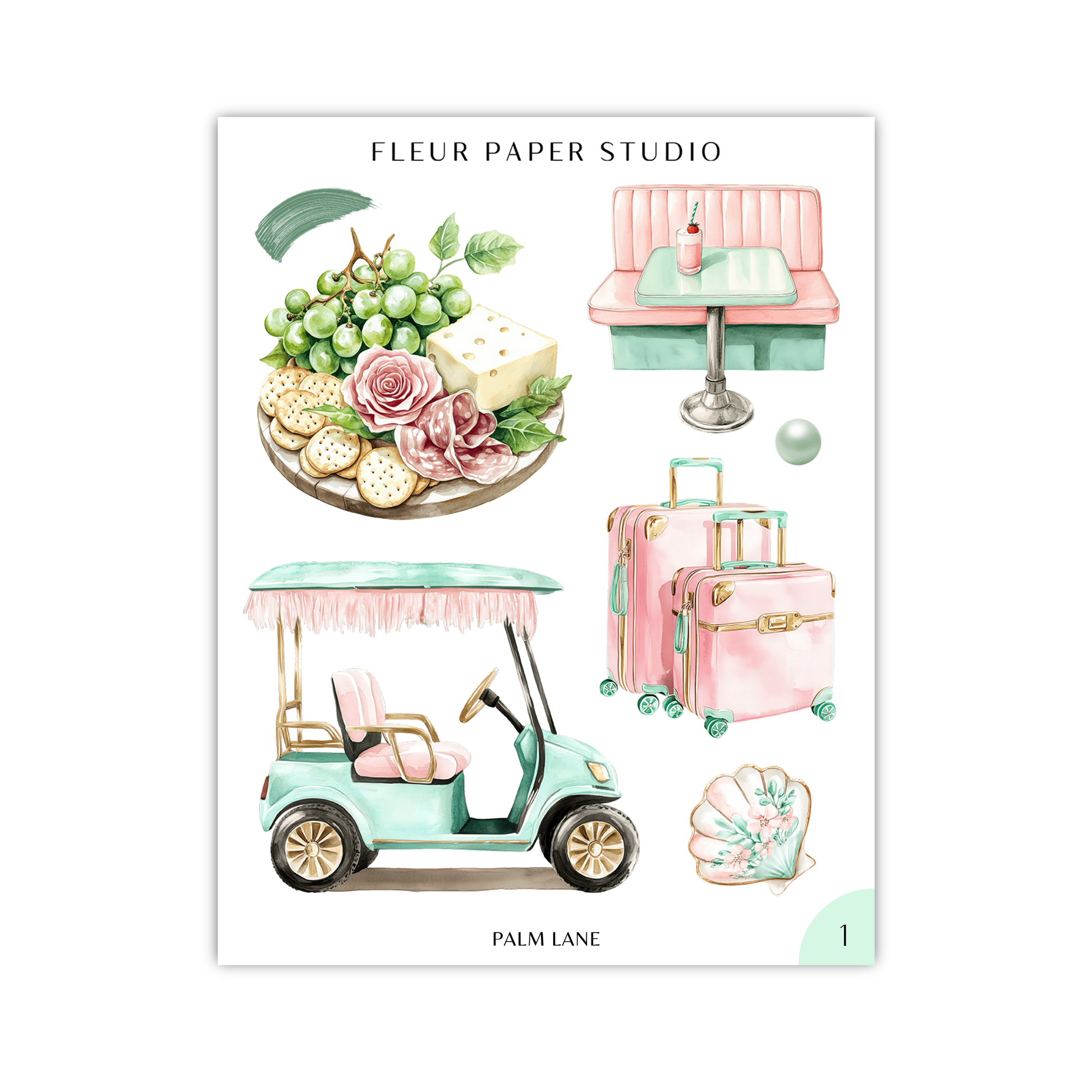 a collection of illustrations related to the word "Palm Lane", including a golf cart, a dining table, a pink suitcase, a green vase, and a pink and green floral arrangement.