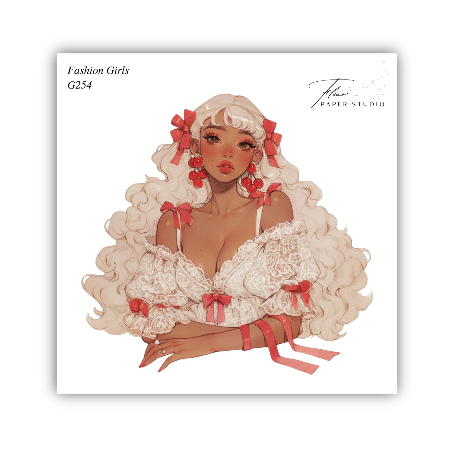 A stylized illustration of a woman with long, curly blonde hair wearing a white lace dress with red bows, posing with a pensive expression.