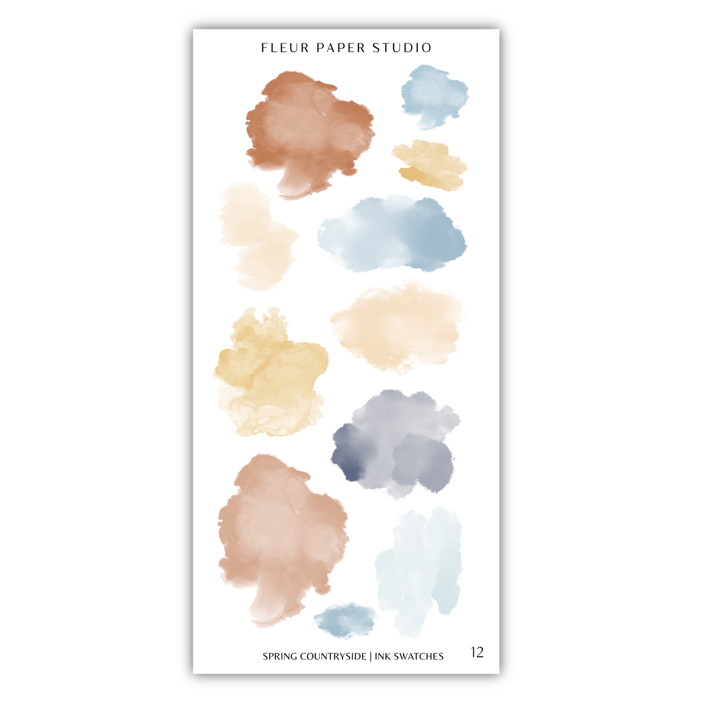 The image is a collection of 12 abstract watercolor brush strokes in various colors, including shades of brown, blue, and yellow, arranged in a vertical format.