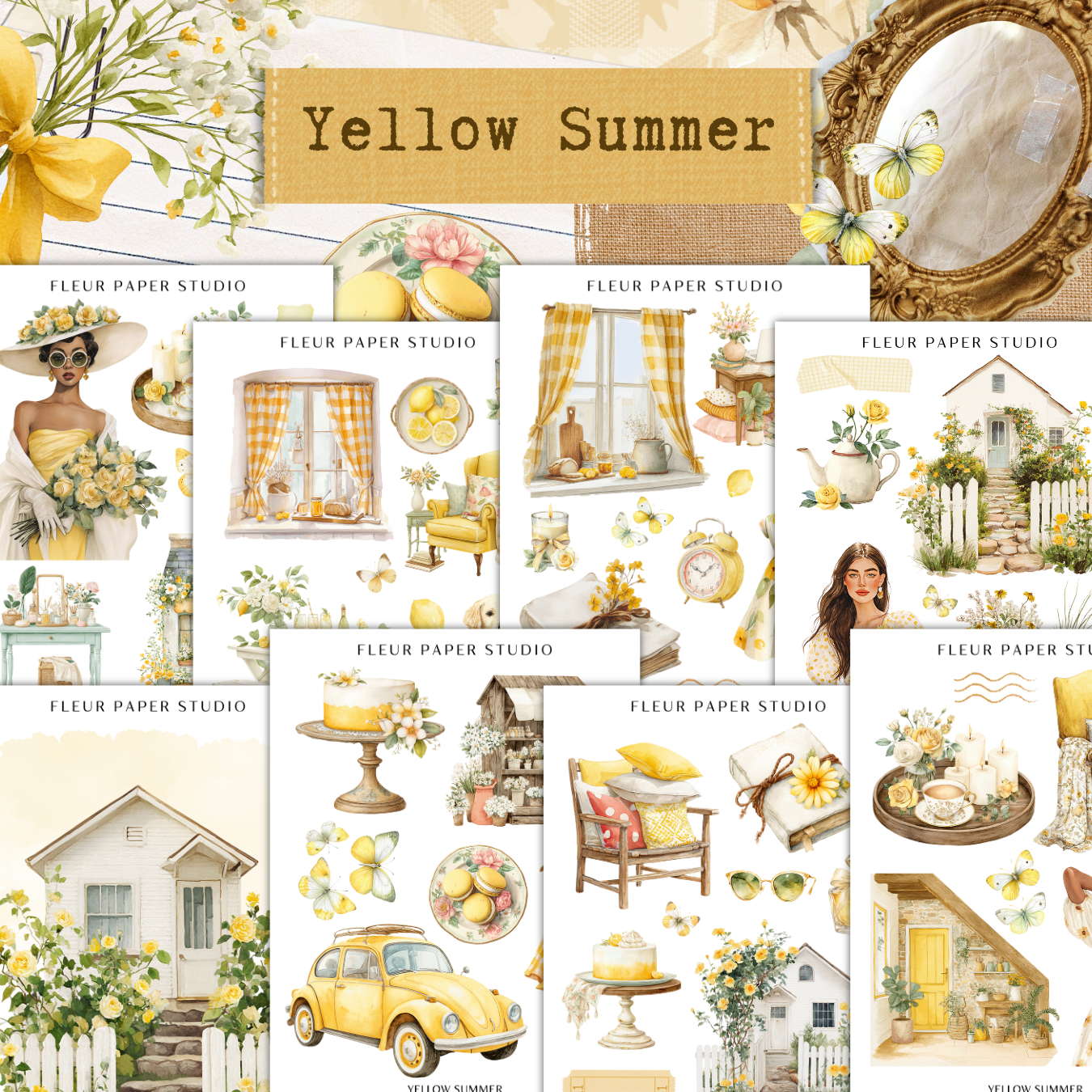 a collage of yellow and white images