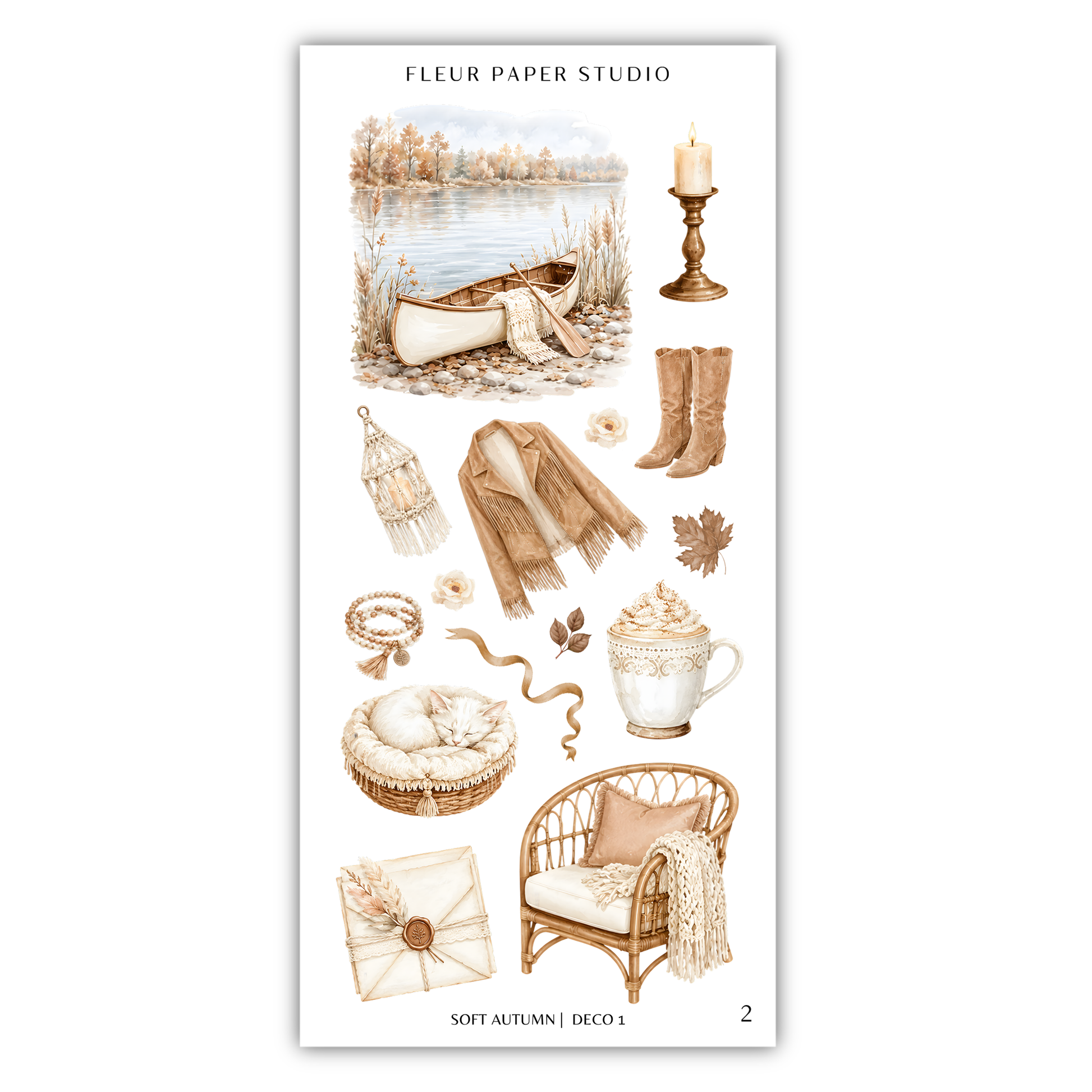various objects and scenes related to autumn, such as a boat on a lake, a candle, boots, a sweater, a cup, a basket, a pillow, and a chair.