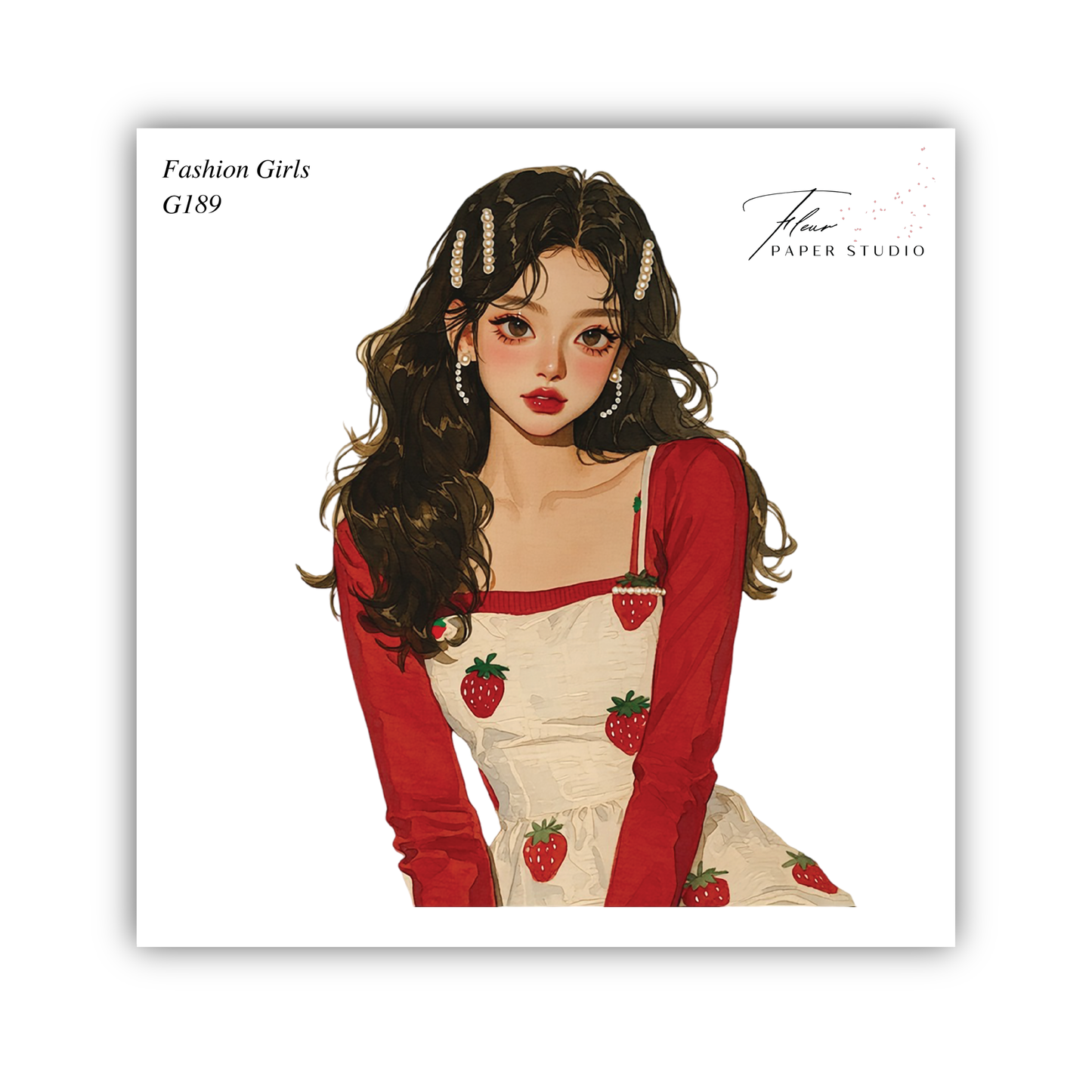 A stylized illustration of a young woman with long dark hair wearing a red dress with strawberry patterns.