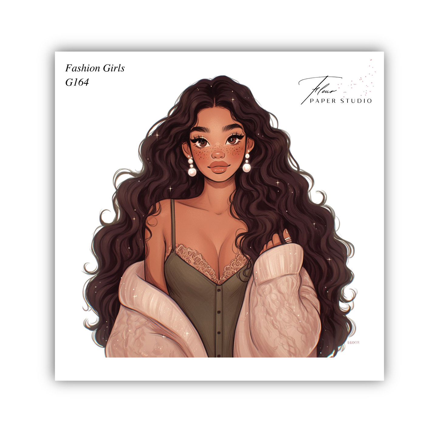 The image is a stylized illustration of a woman with long, dark hair wearing a green top and a pink jacket.