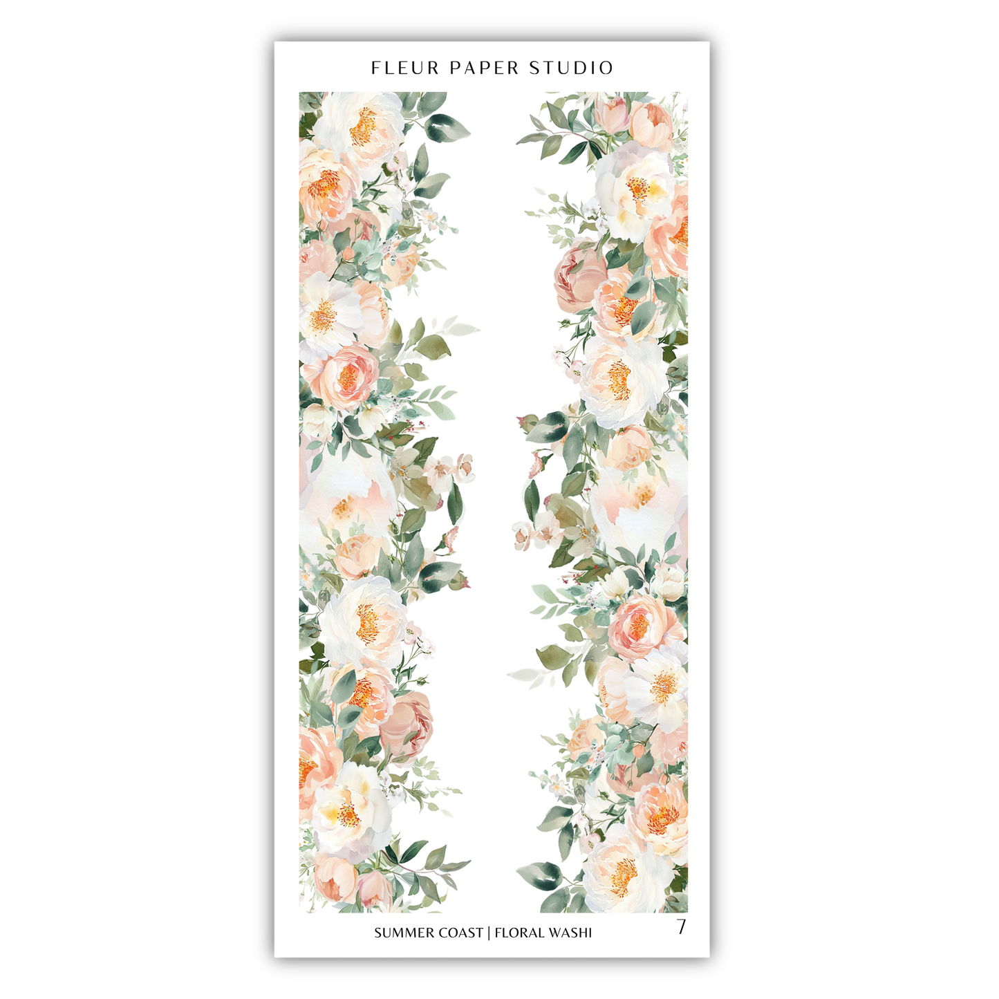 a floral design with white and peach flowers arranged in a vertical pattern.