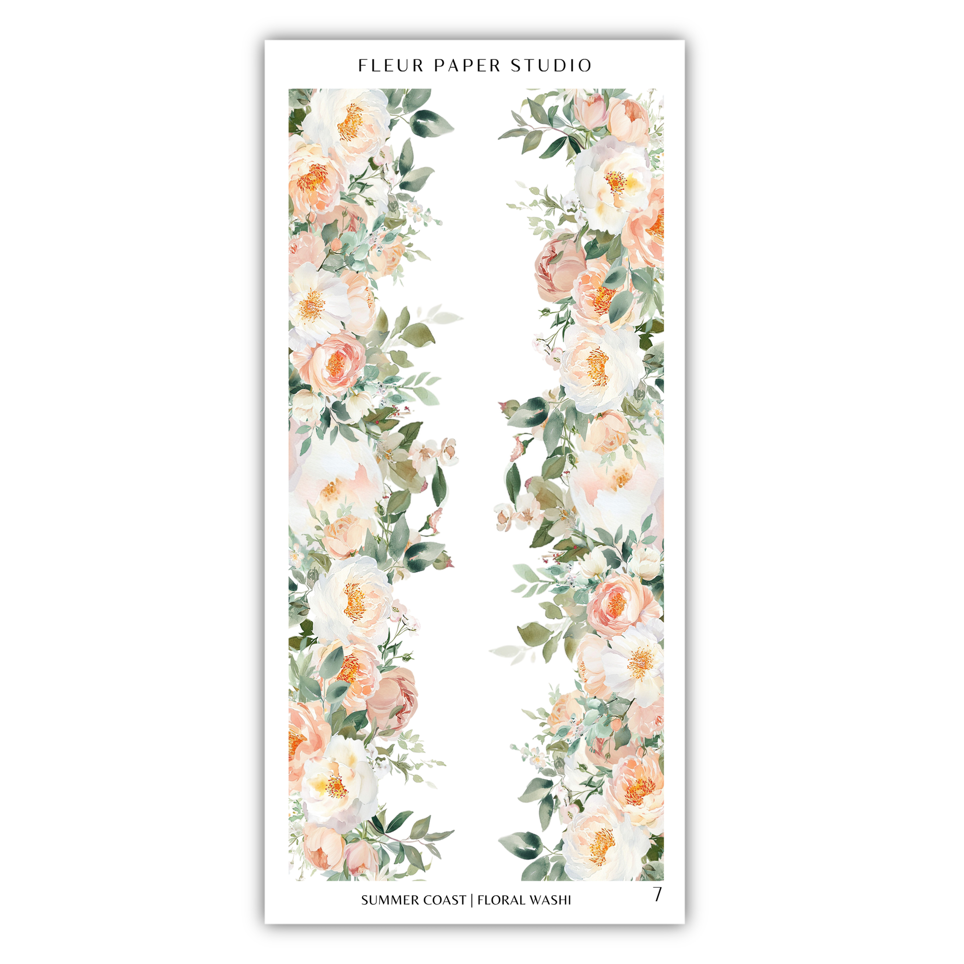 a floral design with white and peach flowers arranged in a vertical pattern.