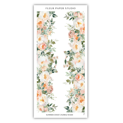 a floral design with white and peach flowers arranged in a vertical pattern.