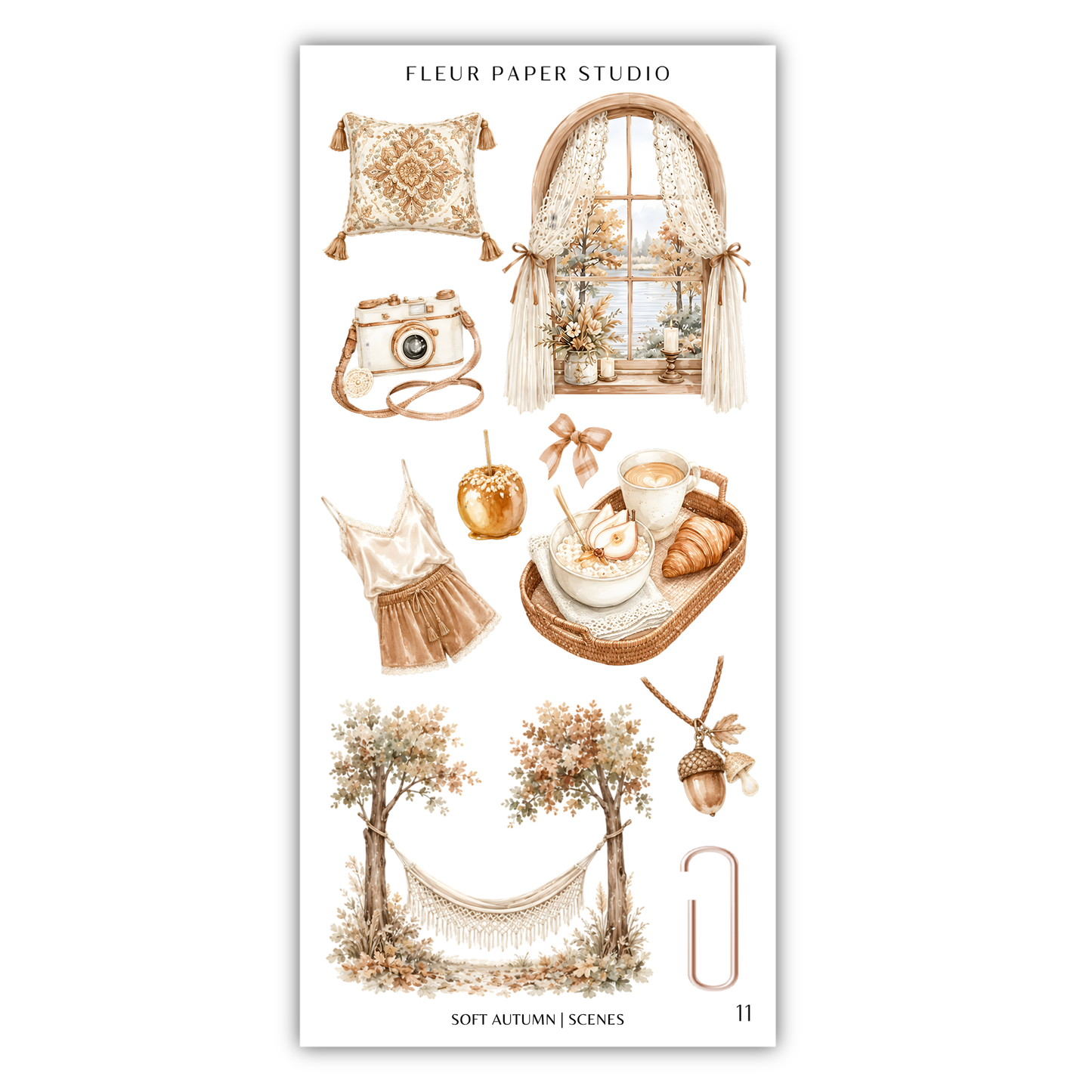 various autumn-themed items, including a pillow, a window, a camera, a basket of food, a tree, a hammock, and a bird feeder.