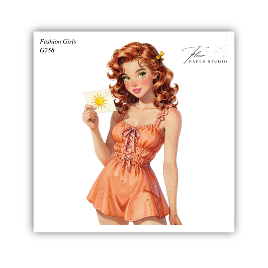 A watercolor illustration of a young woman with curly red hair wearing an orange dress and holding a yellow sun-like object.