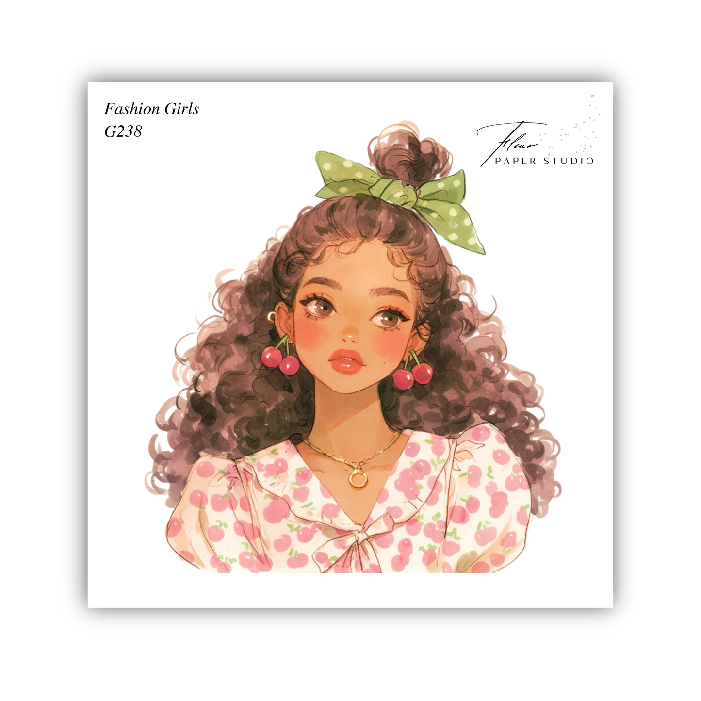 The image is a stylized illustration of a young woman with curly hair wearing a pink dress with a floral pattern and a green bow in her hair.