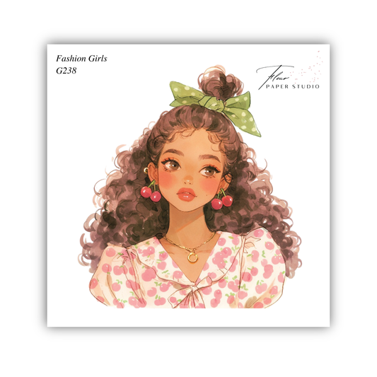 The image is a stylized illustration of a young woman with curly hair wearing a pink dress with a floral pattern and a green bow in her hair.