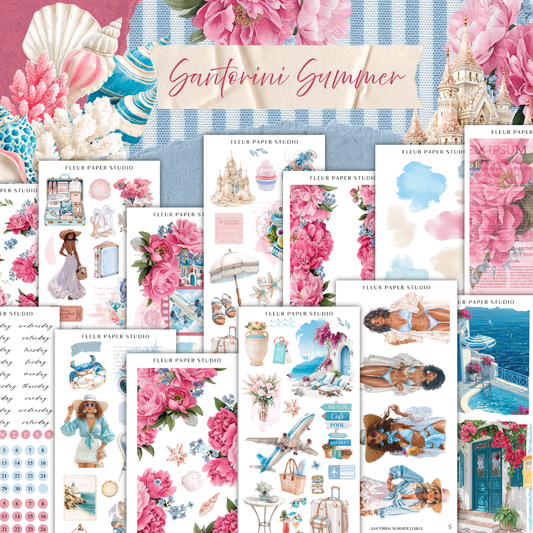 The image is a collage of various images featuring floral designs, beach scenes, and other summer-themed elements. The collage includes images of flowers, seashells, people, and other summer-related objects. The text "Gantorini Summer" is visible, suggesting the collage is related to a summer theme.