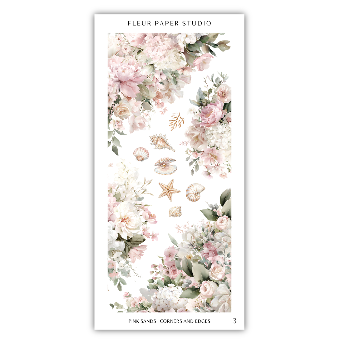 The image is a collage of various floral and seashell images, including pink flowers, white flowers, and starfish, arranged in a visually appealing manner.