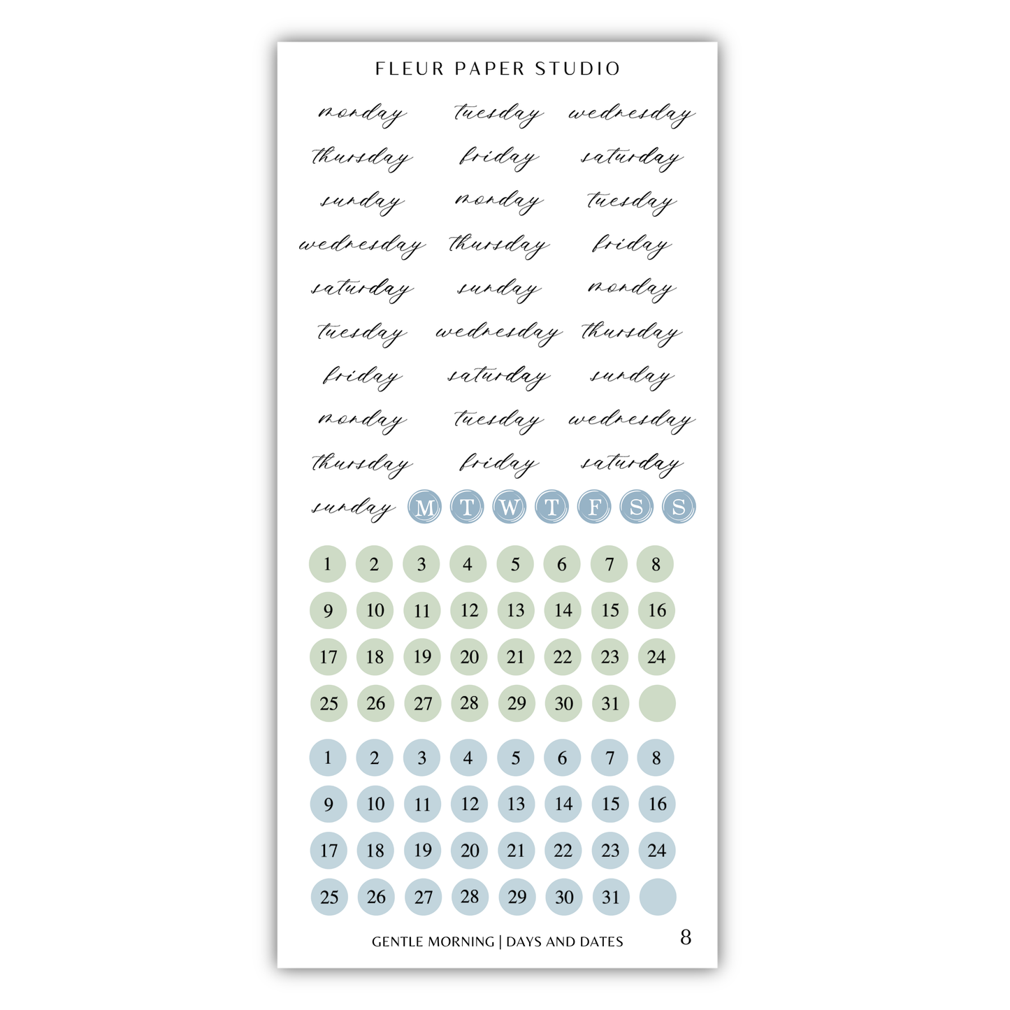 The image is a calendar and sticker set for the Fleur Paper Studio, featuring a calendar with days of the week and days of the month, and a set of stickers with the days of the week and days of the month.