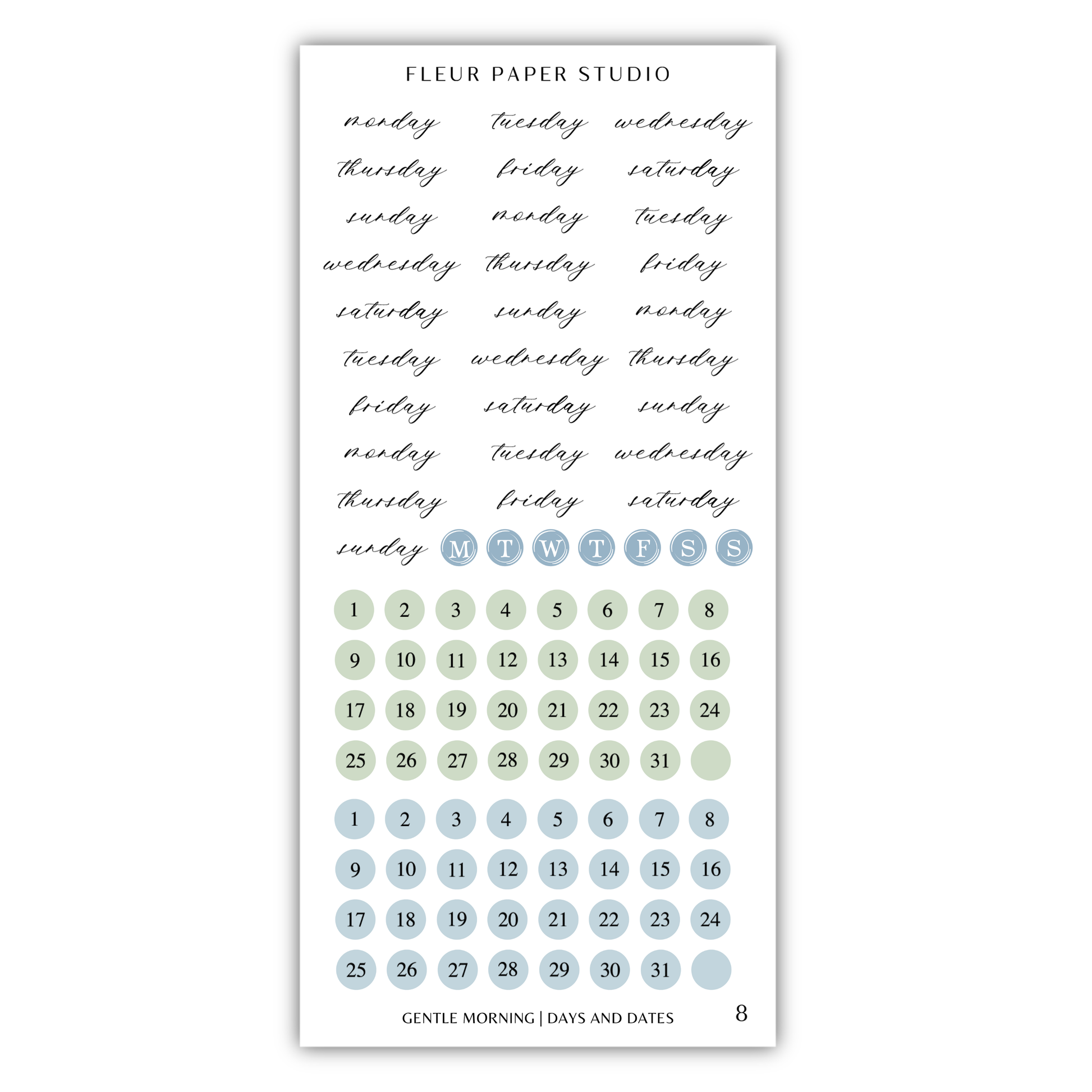 The image is a calendar and sticker set for the Fleur Paper Studio, featuring a calendar with days of the week and days of the month, and a set of stickers with the days of the week and days of the month.