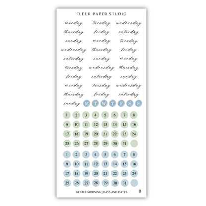 The image is a calendar and sticker set for the Fleur Paper Studio, featuring a calendar with days of the week and days of the month, and a set of stickers with the days of the week and days of the month.