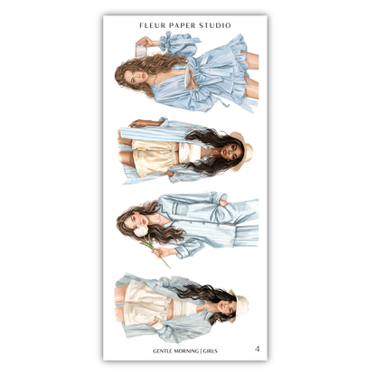 The image is a collage of four illustrations depicting women in various outfits, including a blue dress, a white dress, a blue and white outfit, and a white outfit.