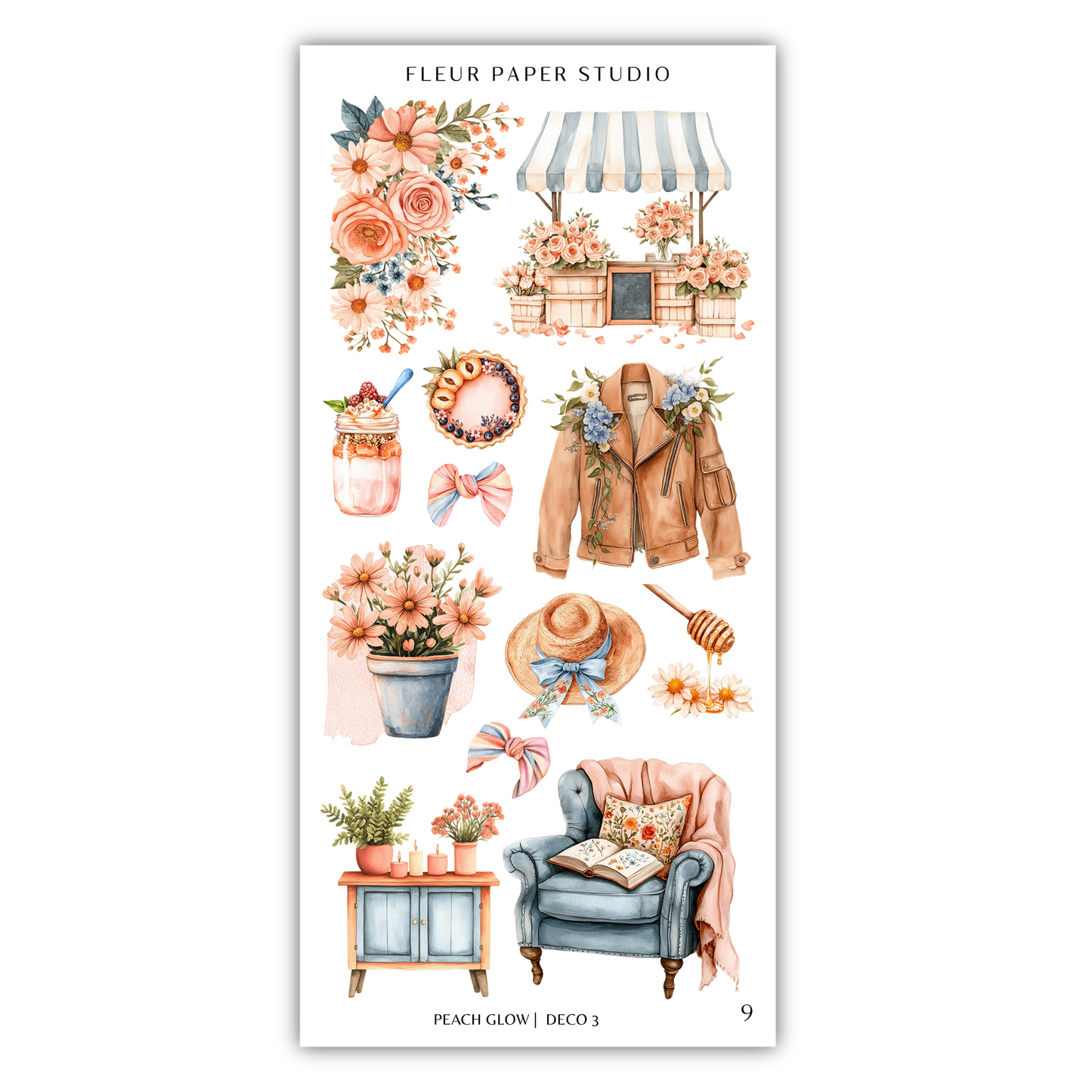 various decorative items and accessories, including flowers, a hat, a jacket, a chair, a table, and other home decor elements, all arranged in a visually appealing manner.