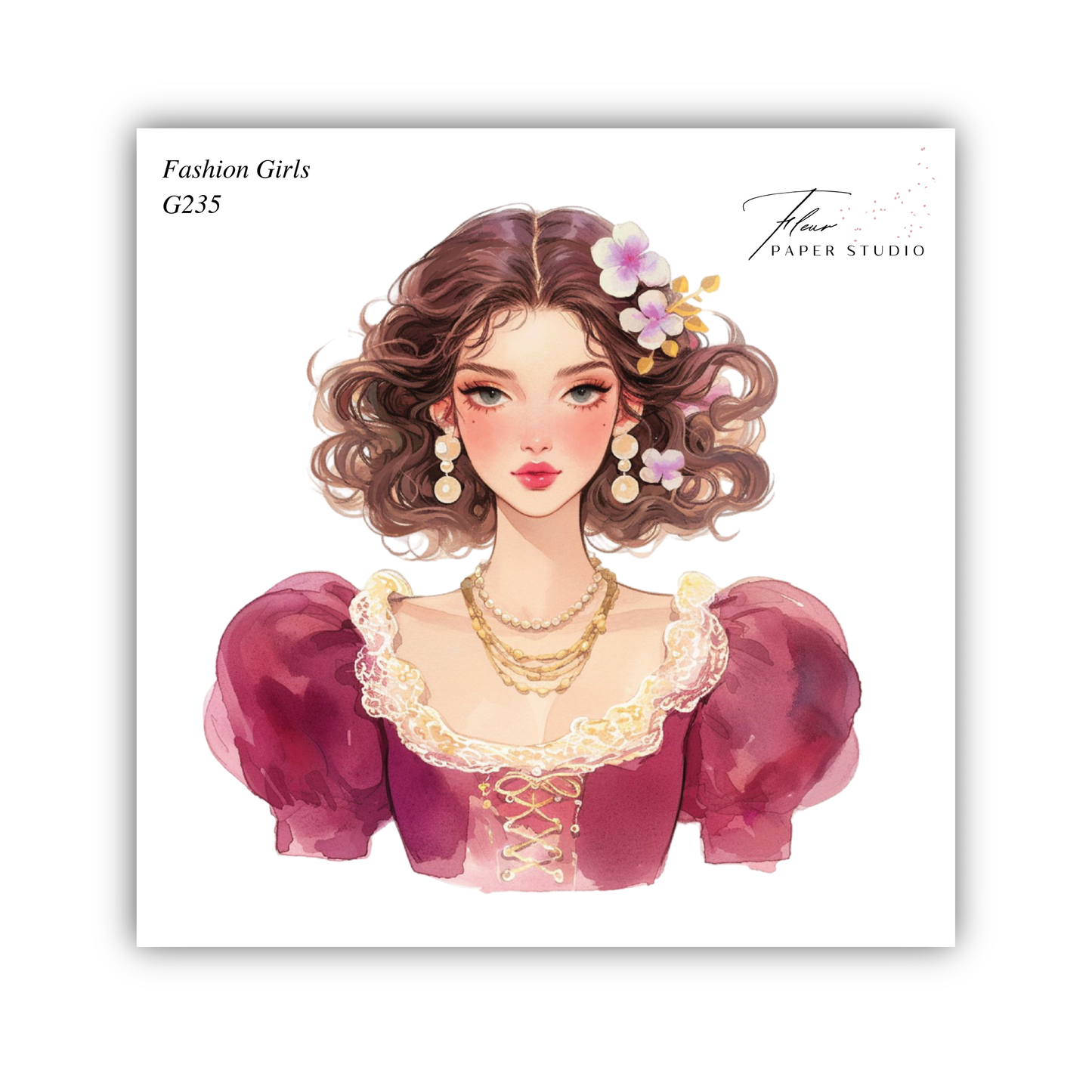 The image is a watercolor illustration of a woman with curly hair and a pink dress, featuring a floral headpiece.
