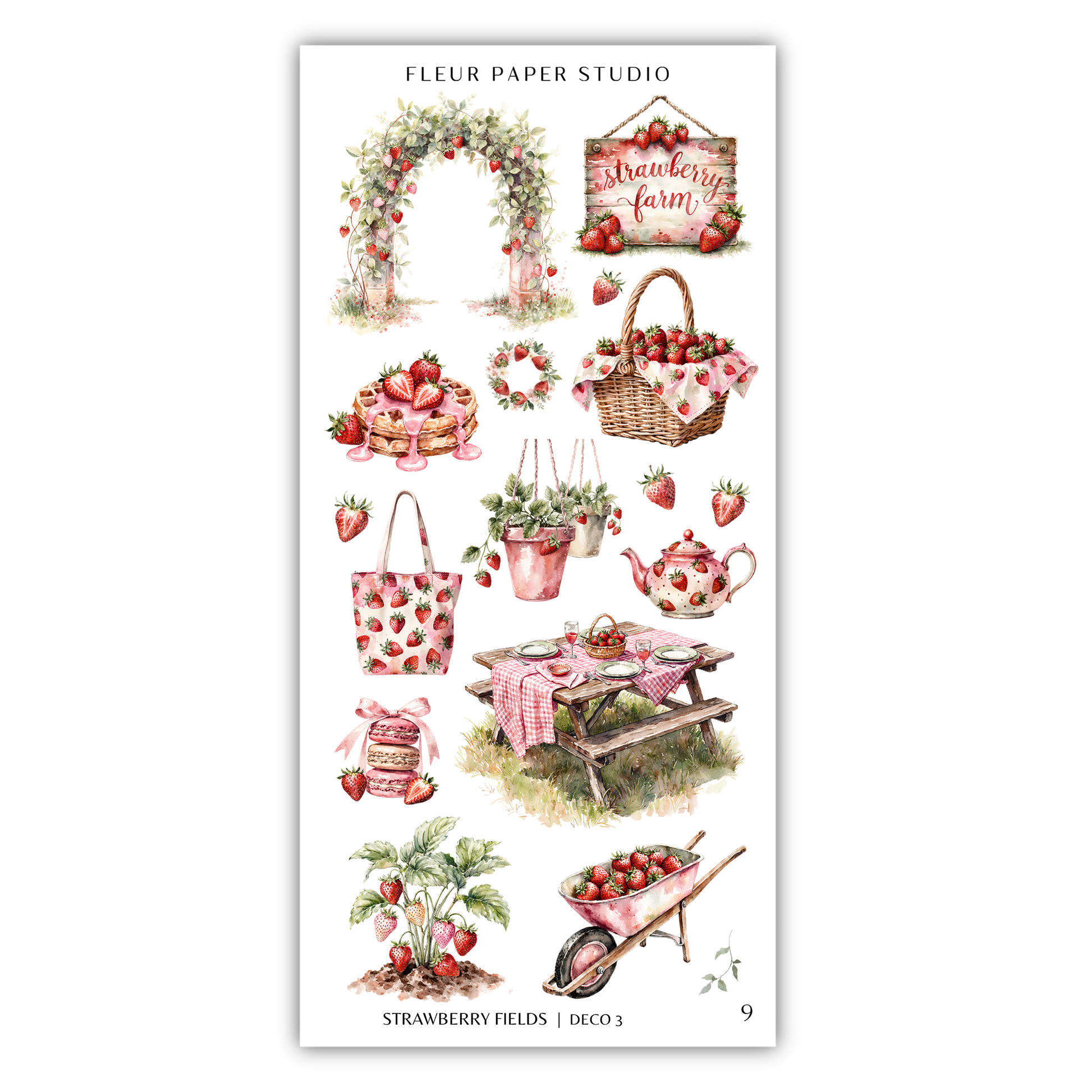The image is a collection of various objects and scenes related to strawberries, including a strawberry arch, strawberry baskets, strawberry plants, a picnic table, and other strawberry-themed items.