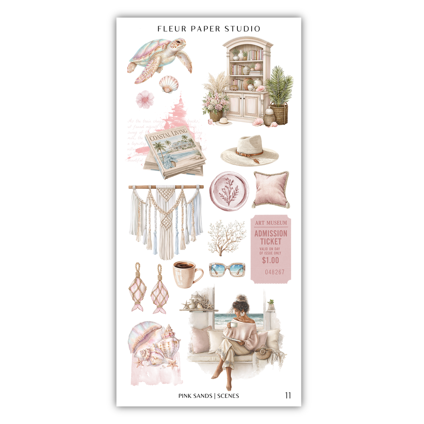 The image is a collection of various decorative items and scenes, including a turtle, a bookshelf, a hat, a vase, a plant, a cup, a pair of sunglasses, a woman sitting on a couch, and a book. The image also includes a ticket for an art museum, a pink and white color scheme, and the text "PINK Sands / SCENES".