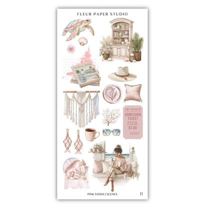 The image is a collection of various decorative items and scenes, including a turtle, a bookshelf, a hat, a vase, a plant, a cup, a pair of sunglasses, a woman sitting on a couch, and a book. The image also includes a ticket for an art museum, a pink and white color scheme, and the text "PINK Sands / SCENES".